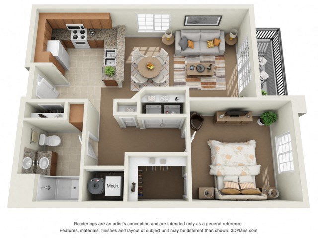 Floor plan for 1 bed, 1 bath, 750 sqft